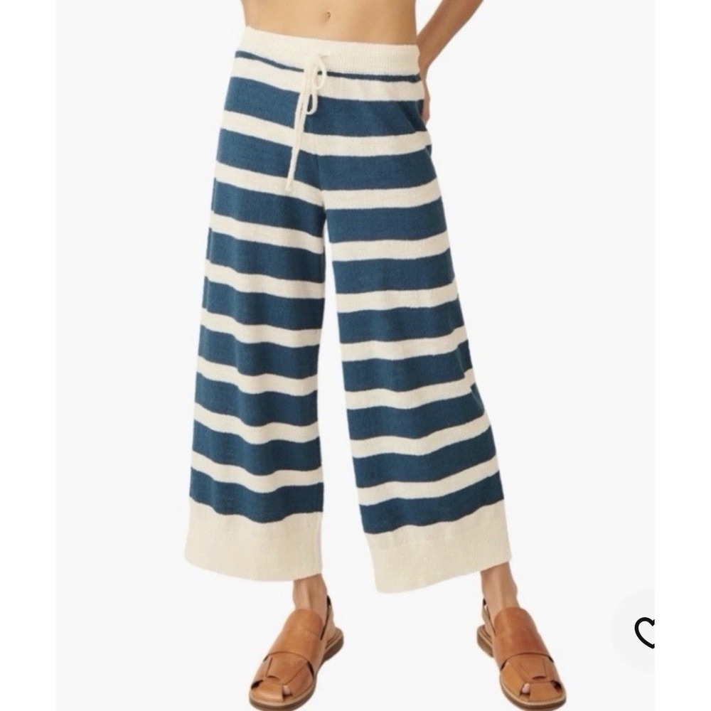 Free People Beach Roberta Navy Blue & White Striped Pants Wide Leg Terry Knit
